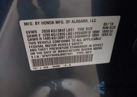 2018 Honda Pilot Ex-L from USA, damaged, VIN 5FNYF6H69JB027441